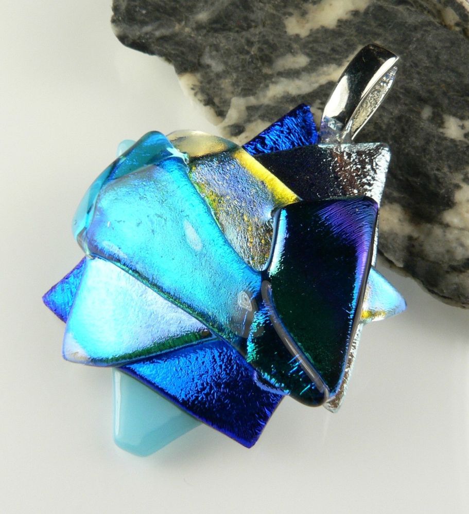 4.6cm shades of blue textured Dichroic glass pendant, with leather cord