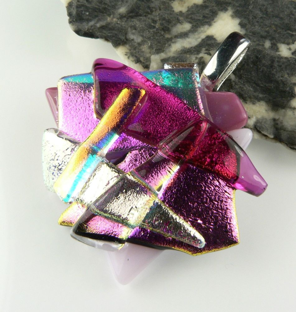 4.3cm shades of pink textured Dichroic glass pendant, with leather cord & gift box (#30242)