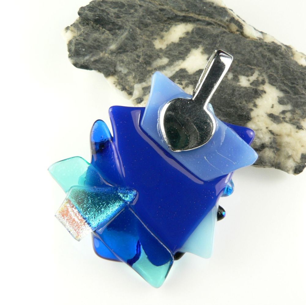 4.4cm shades of blue textured Dichroic glass pendant, with leather cord & gift box (#30103)