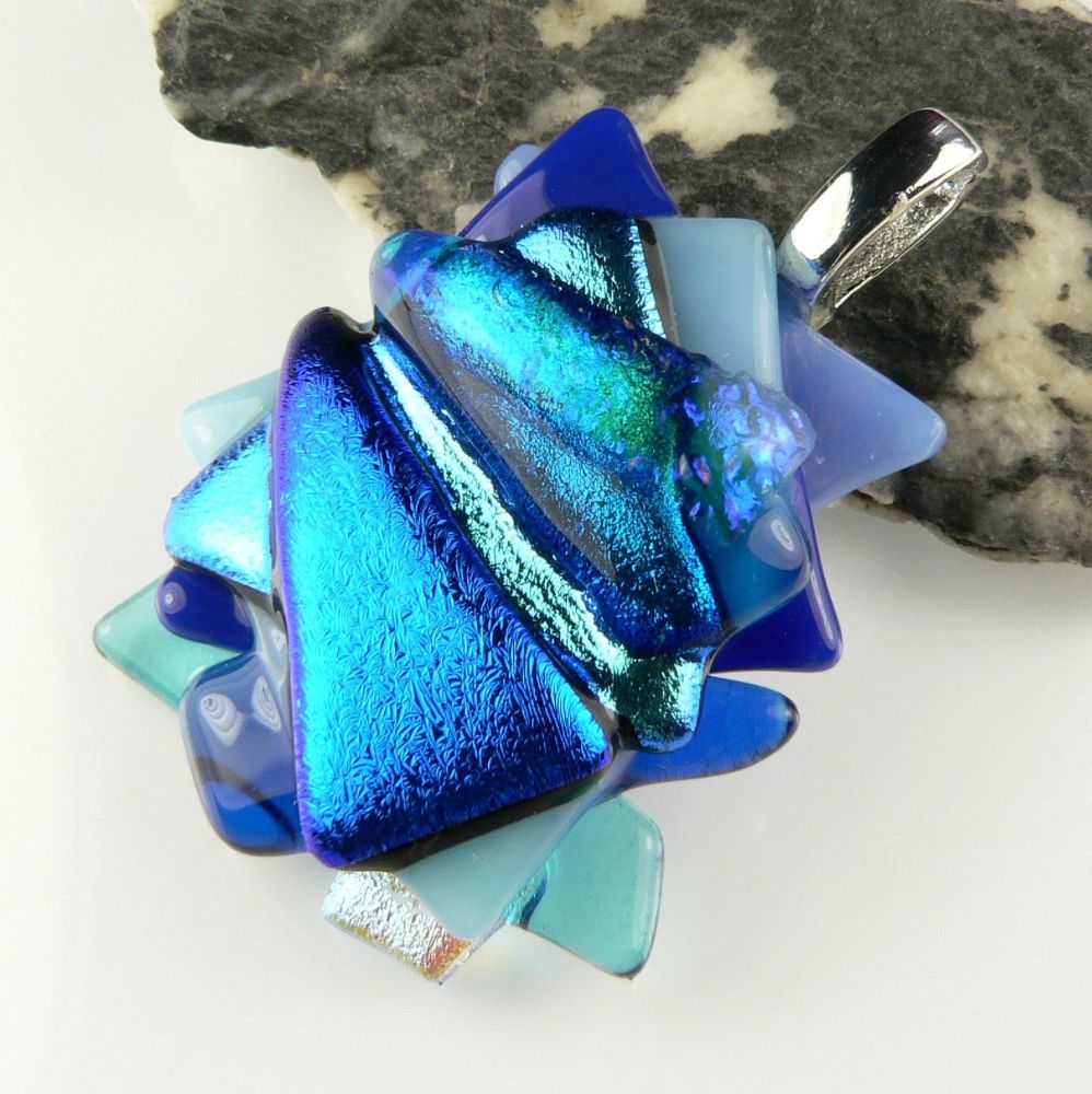 4.4cm shades of blue textured Dichroic glass pendant, with leather cord