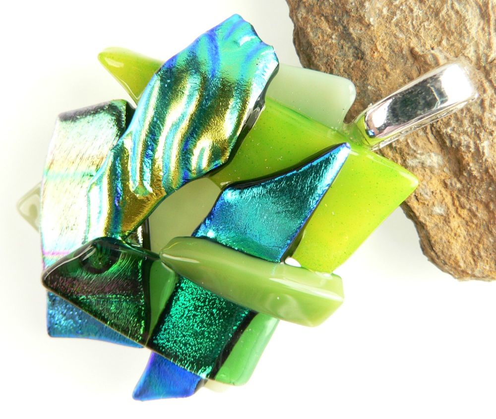 4.7cm shades of green textured Dichroic glass pendant, with leather cord