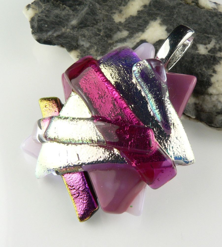 4.3cm shades of pink textured Dichroic glass pendant, with leather cord & gift box (#30232)