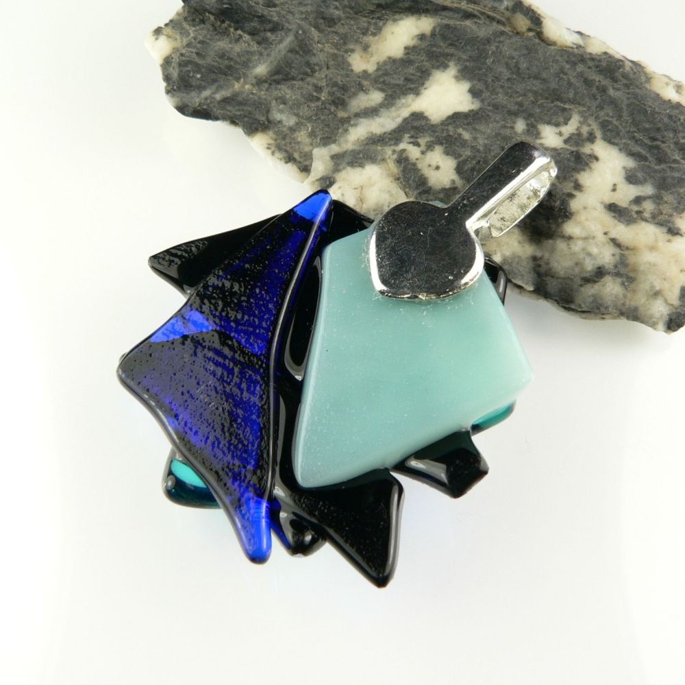 4.5cm shades of blue textured Dichroic glass pendant, with leather cord & gift box (#30313)