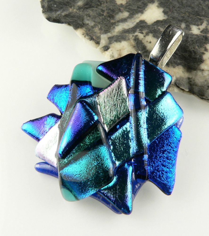 4.5cm shades of blue textured Dichroic glass pendant, with leather cord