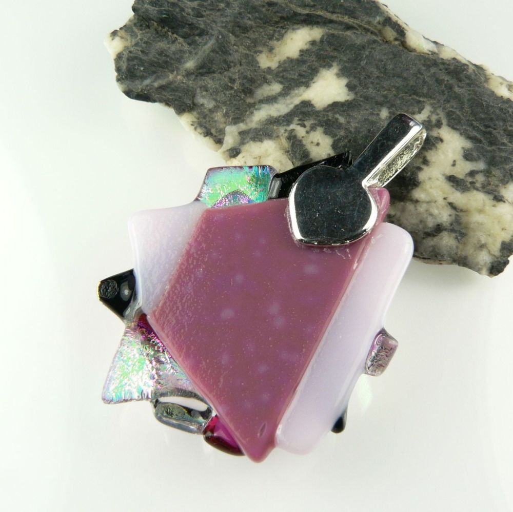 4.8cm textured, multi-coloured, genuine dichroic glass pendant, with leather cord & gift box (#30545)