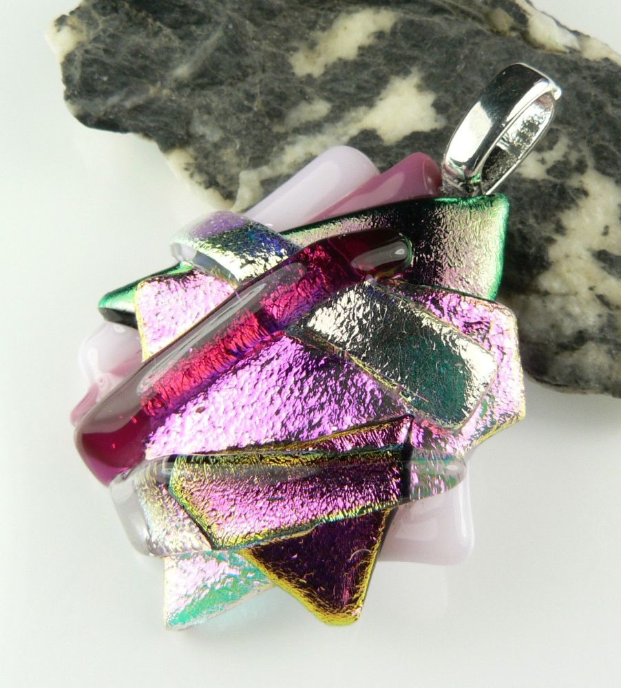 4.8cm textured, multi-coloured, genuine dichroic glass pendant, with leather cord & gift box (#30545)