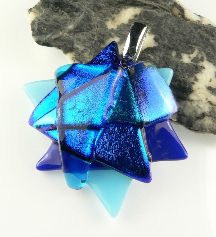 4.3cm shades of blue textured Dichroic glass pendant, with leather cord