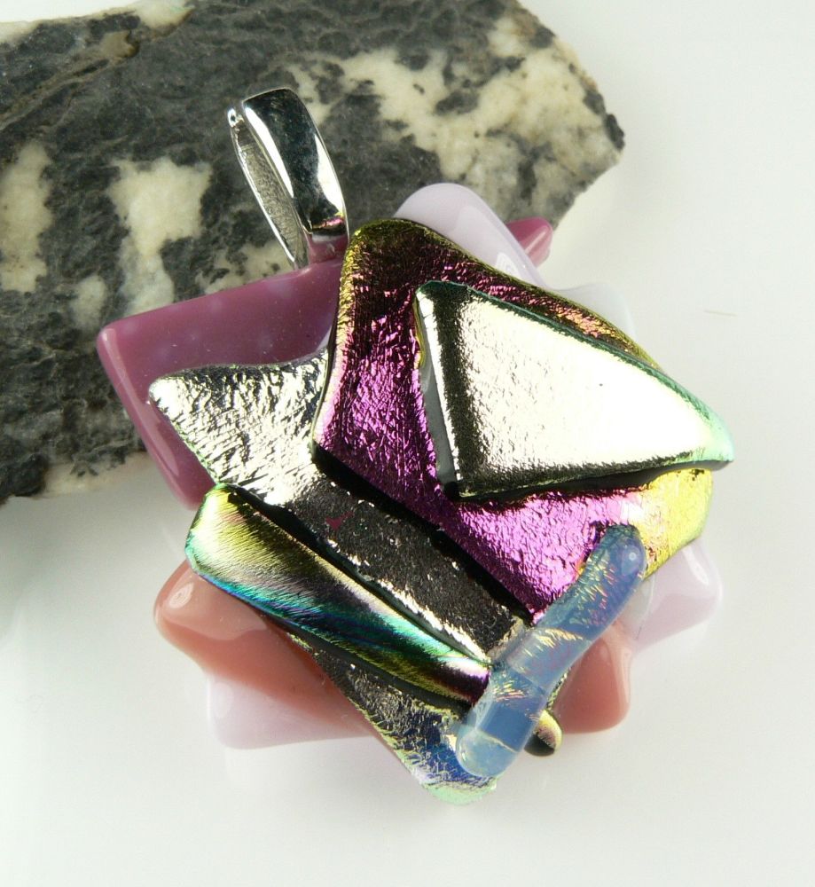 4.2cm textured, multi-coloured, genuine dichroic glass pendant, with leather cord & gift box (#30550)