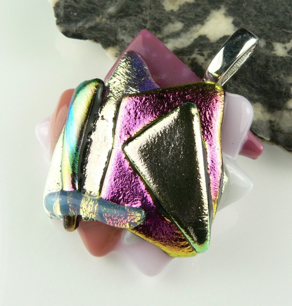 4.2cm textured, multi-coloured, genuine dichroic glass pendant, with leather cord & gift box (#30550)