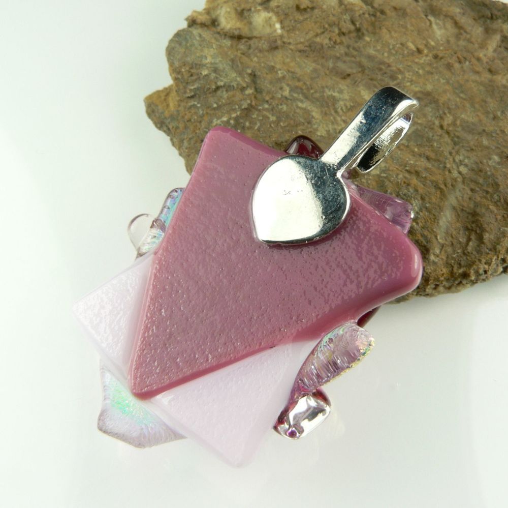 4.5cm shades of pink textured Dichroic glass pendant, with leather cord & gift box (#30298)