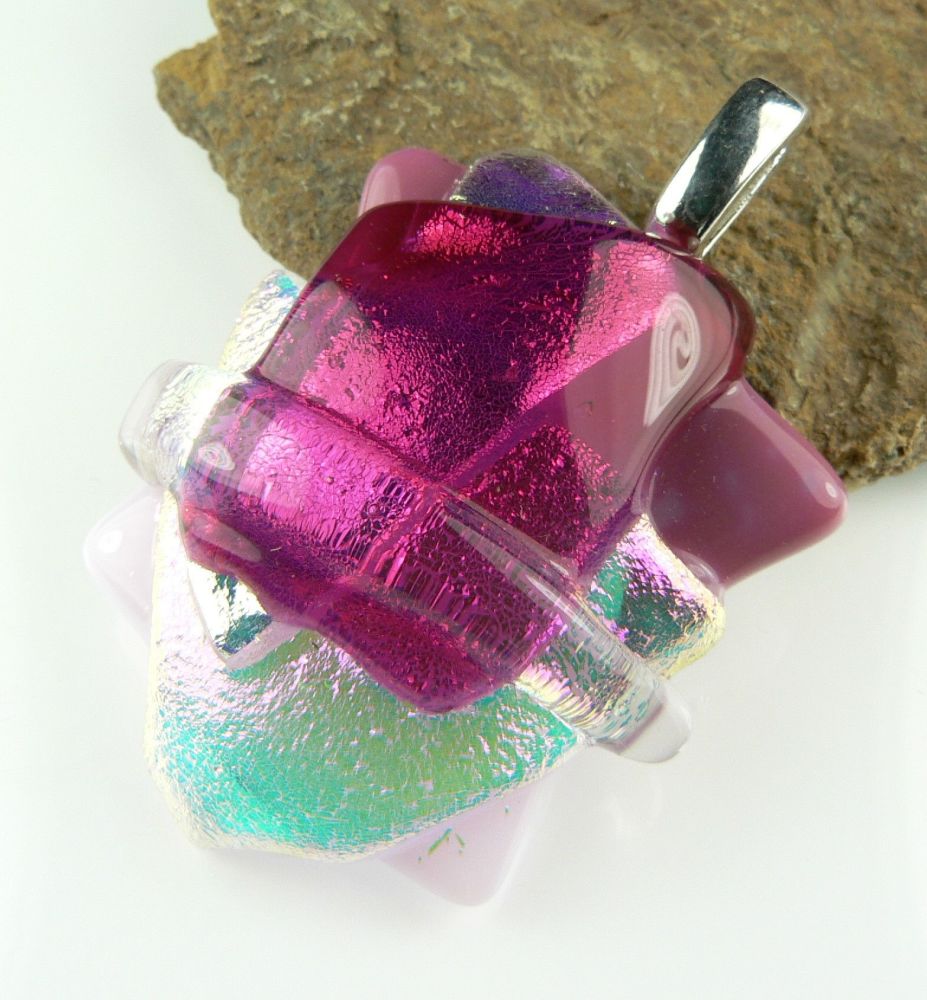 4.5cm shades of pink textured Dichroic glass pendant, with leather cord