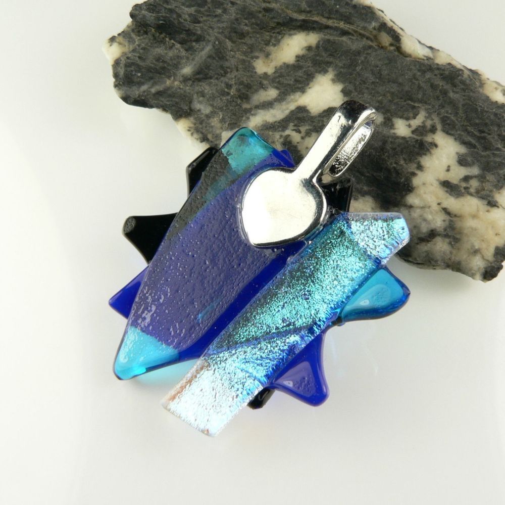 4.3cm shades of blue textured Dichroic glass pendant, with leather cord & gift box (#30168)