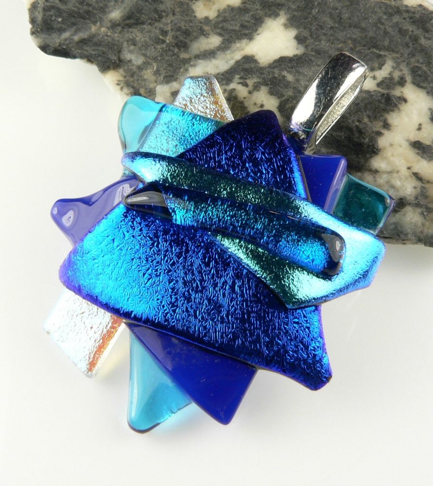 4.3cm shades of blue textured Dichroic glass pendant, with leather cord