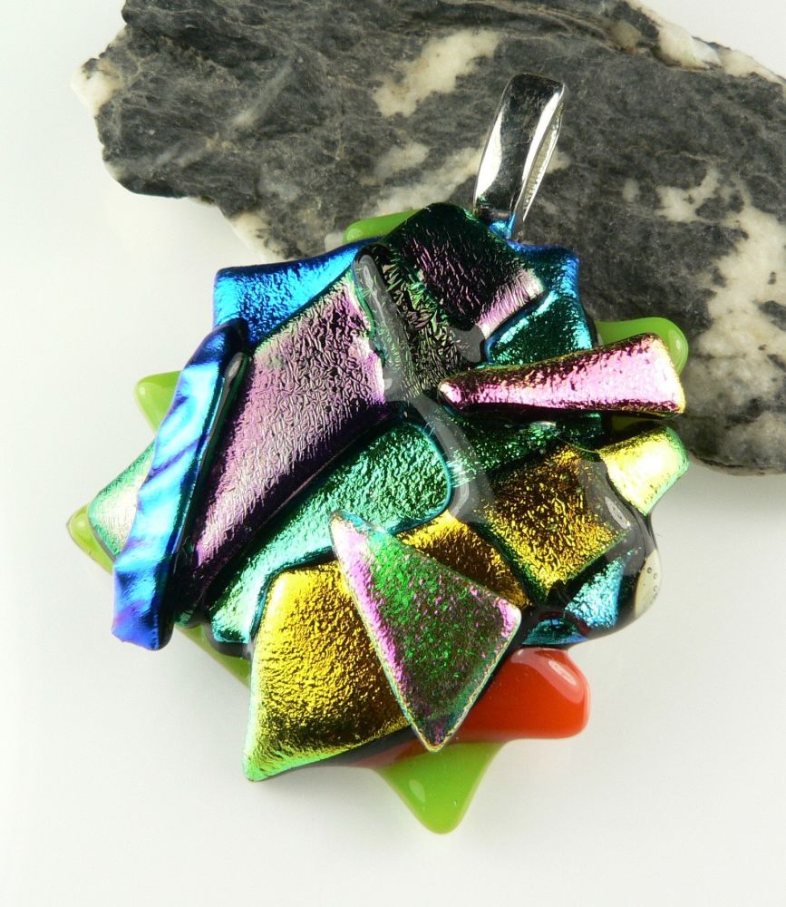 4.6cm textured, multi-coloured, genuine dichroic glass pendant, with leather cord & gift box (#30476)