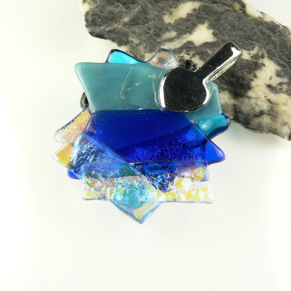 4.5cm shades of blue textured Dichroic glass pendant, with leather cord & gift box (#30539)