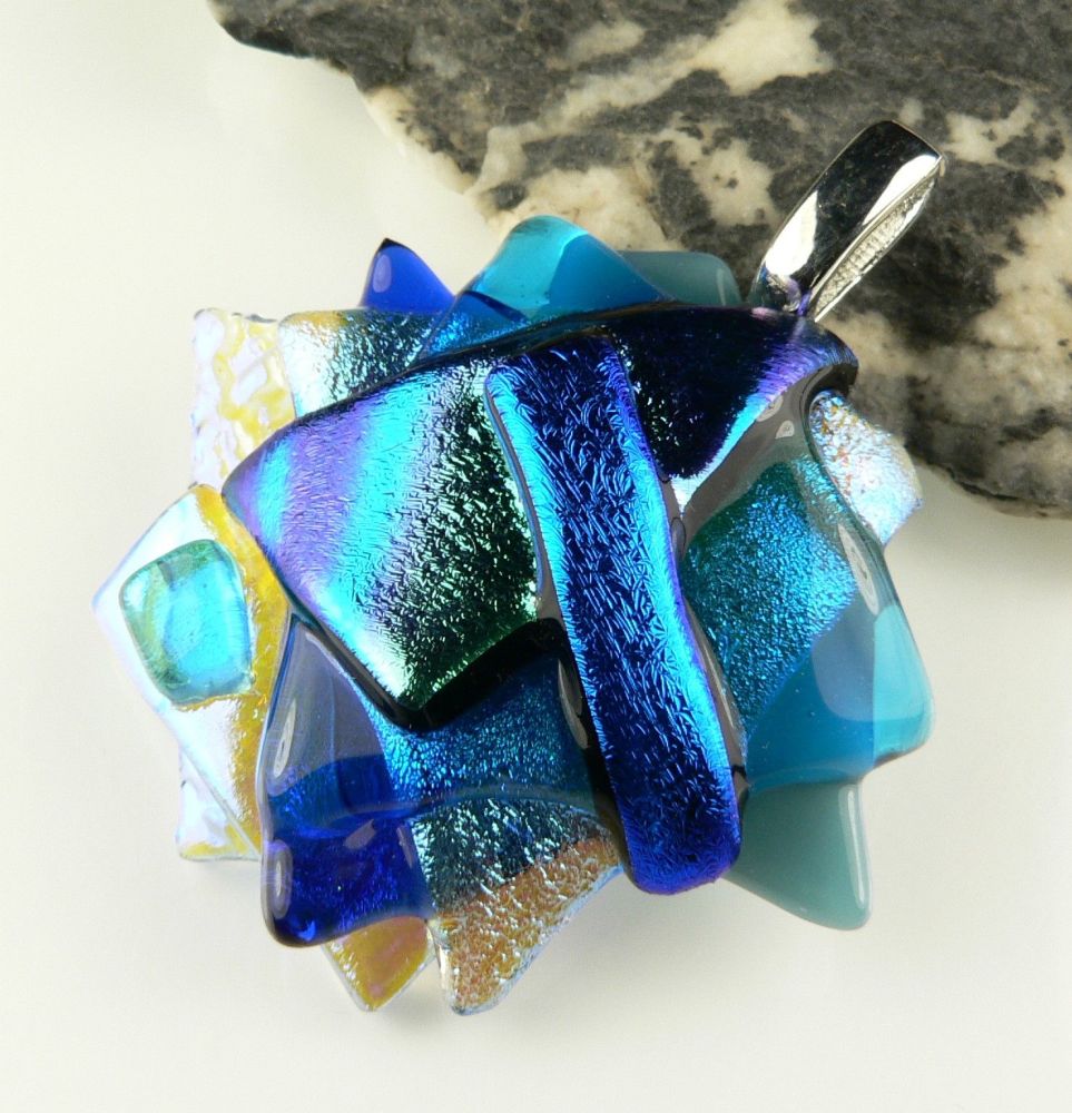 4.5cm shades of blue textured Dichroic glass pendant, with leather cord