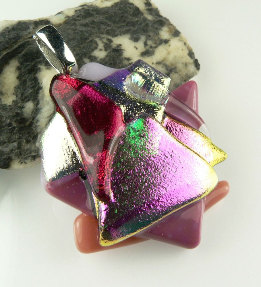 5cm shades of pink textured Dichroic glass pendant, with leather cord & gift box (#30114)