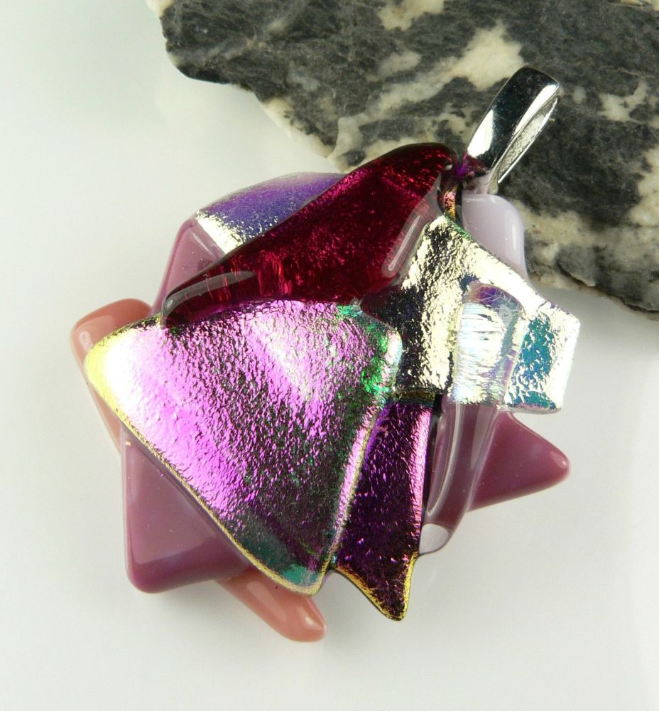 5cm shades of pink textured Dichroic glass pendant, with leather cord