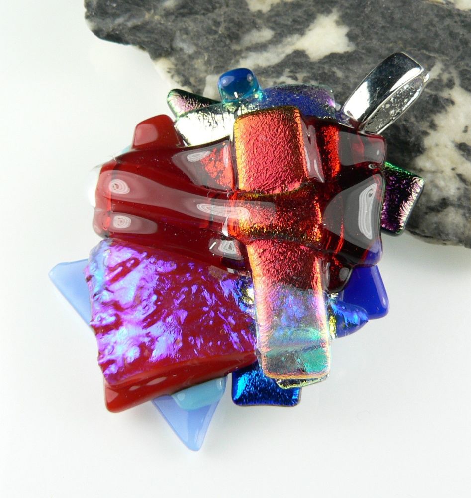 4.6cm textured, multi-coloured, genuine dichroic glass pendant, with leather cord & gift box (#30122)