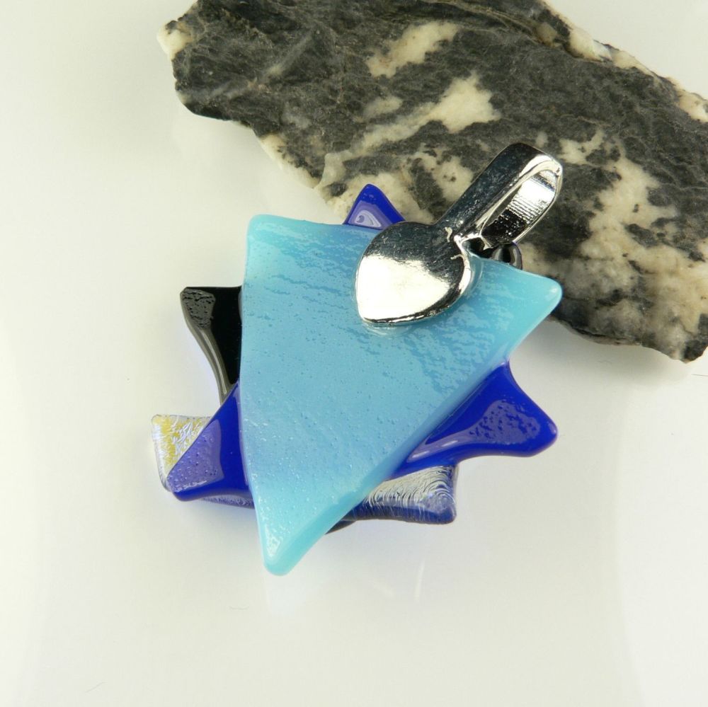 4.2cm shades of blue textured Dichroic glass pendant, with leather cord & gift box (#30577)