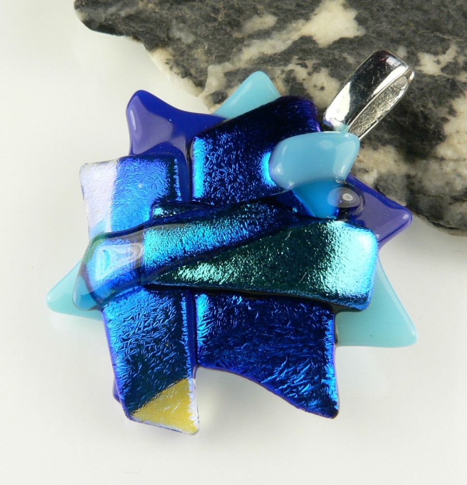 4.2cm shades of blue textured Dichroic glass pendant, with leather cord