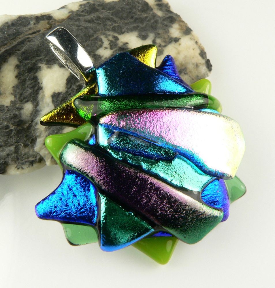 4.5cm textured, multi-coloured, genuine dichroic glass pendant, with leather cord & gift box (#30522)