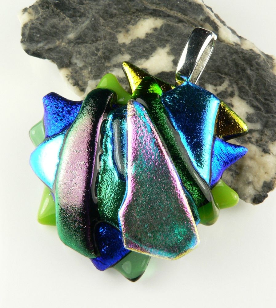 4.5cm textured, multi-coloured, genuine dichroic glass pendant, with leather cord & gift box (#30522)