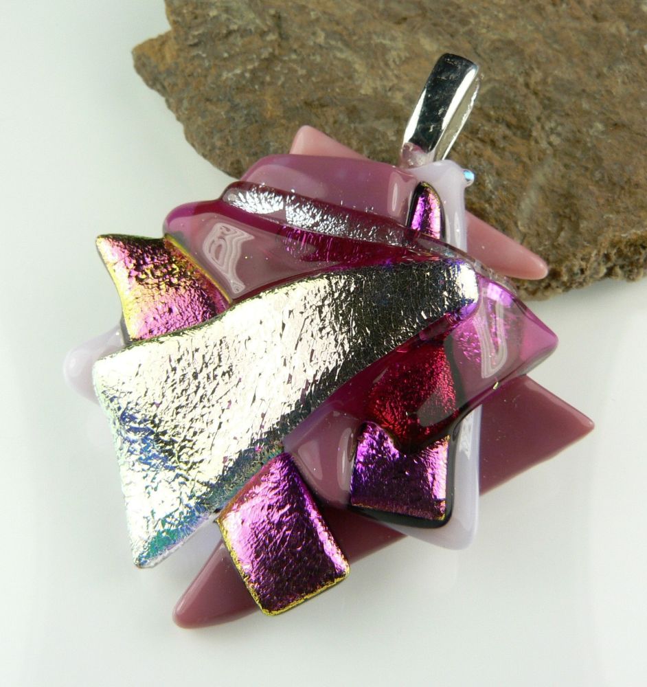 5cm shades of pink textured Dichroic glass pendant, with leather cord