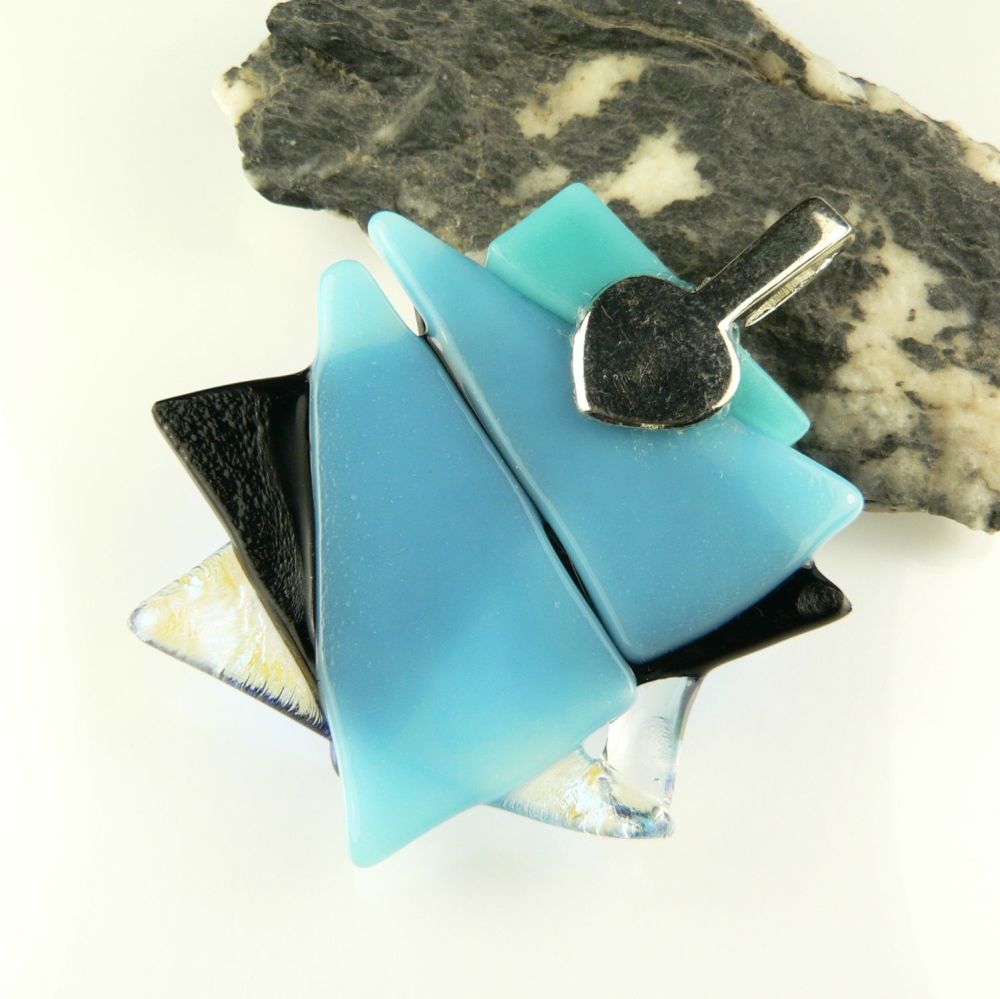 4.8cm shades of blue textured Dichroic glass pendant, with leather cord & gift box (#30543)