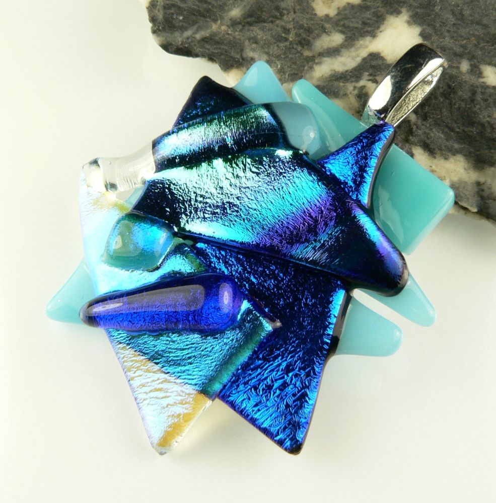 4.8cm shades of blue textured Dichroic glass pendant, with leather cord & gift box (#30543)