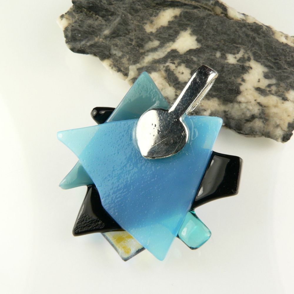 4.1cm shades of blue textured Dichroic glass pendant, with leather cord & gift box (#30289)