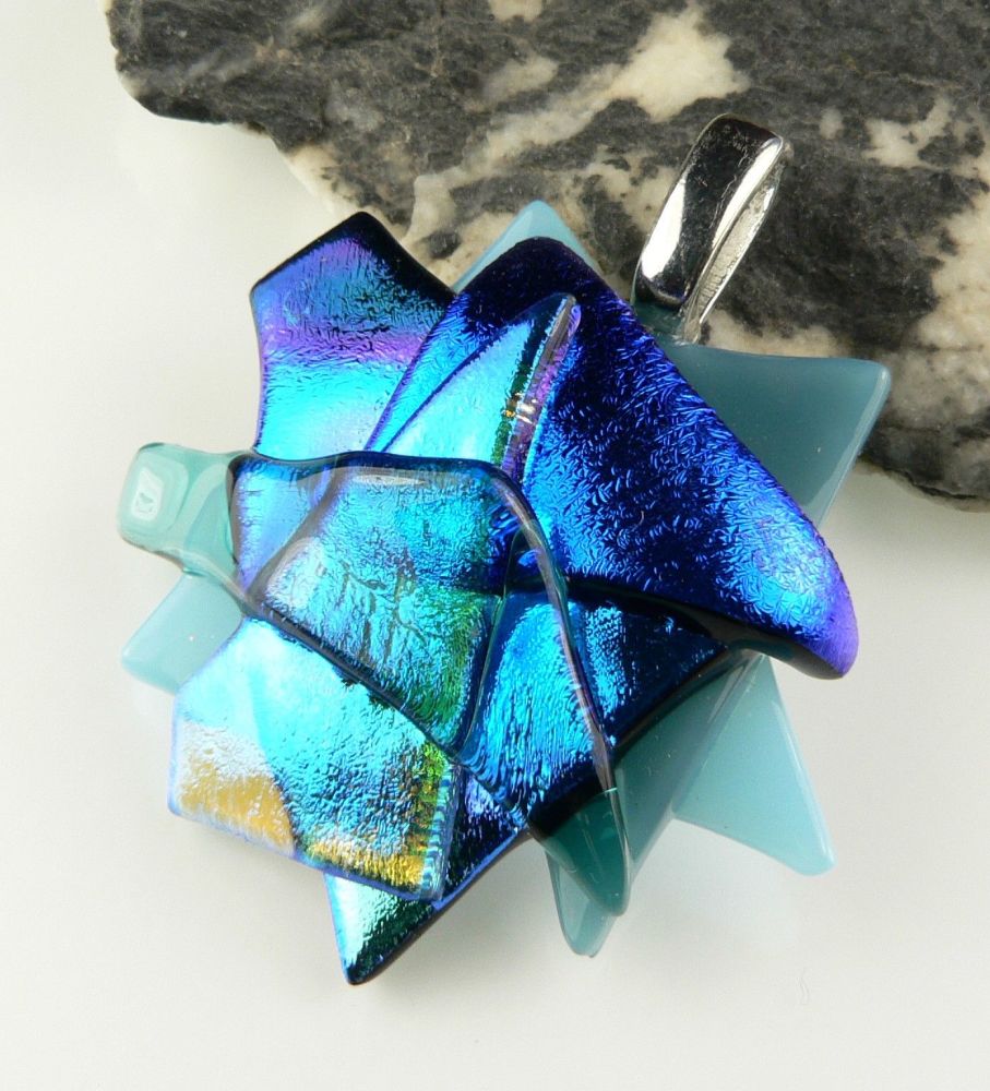 4.1cm shades of blue textured Dichroic glass pendant, with leather cord