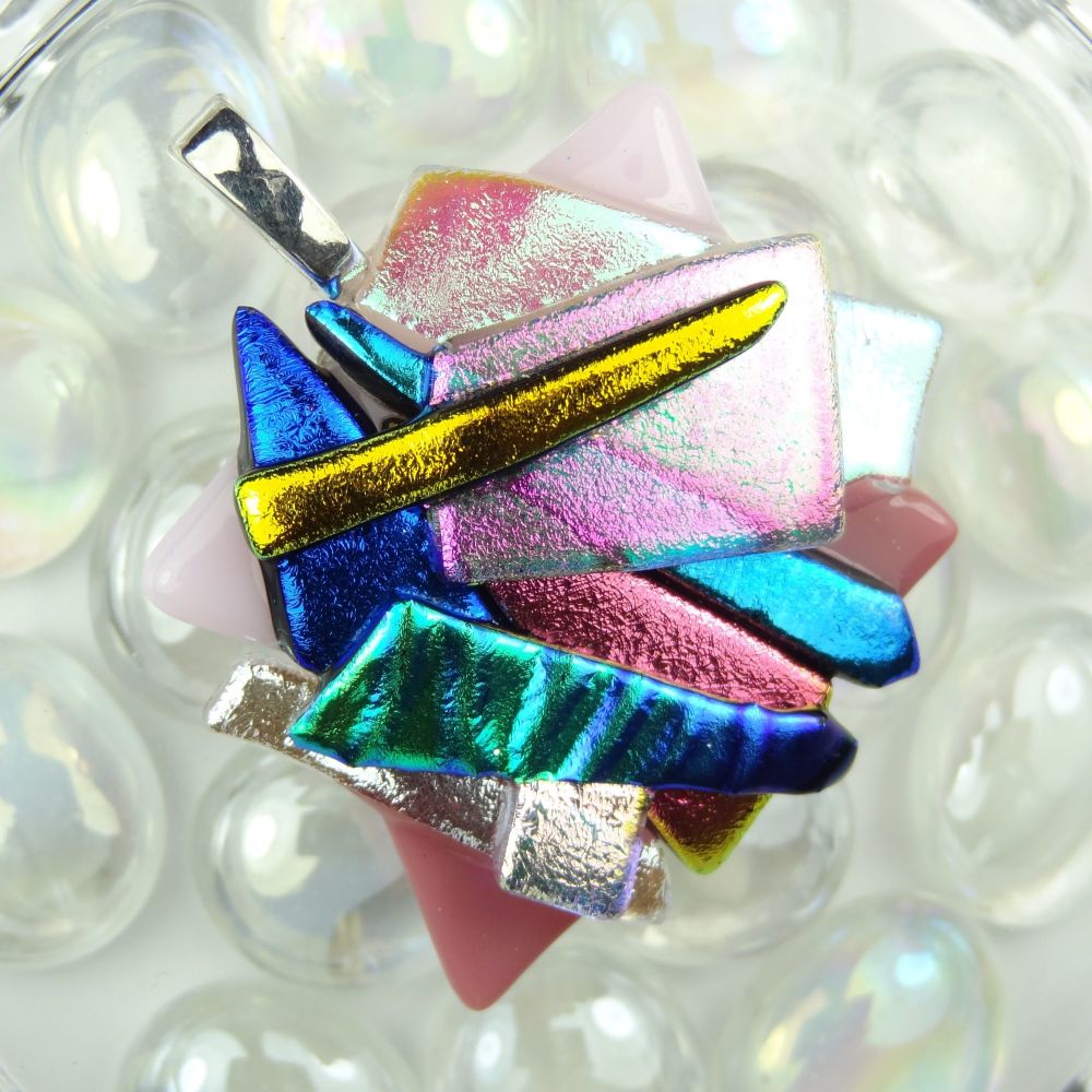 4.4cm textured, multi-coloured, genuine dichroic glass pendant, with leather cord & gift box (#30179)