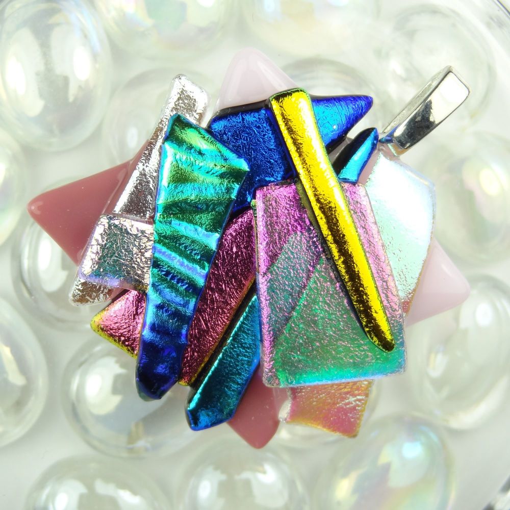 4.4cm textured, multi-coloured, genuine dichroic glass pendant, with cord