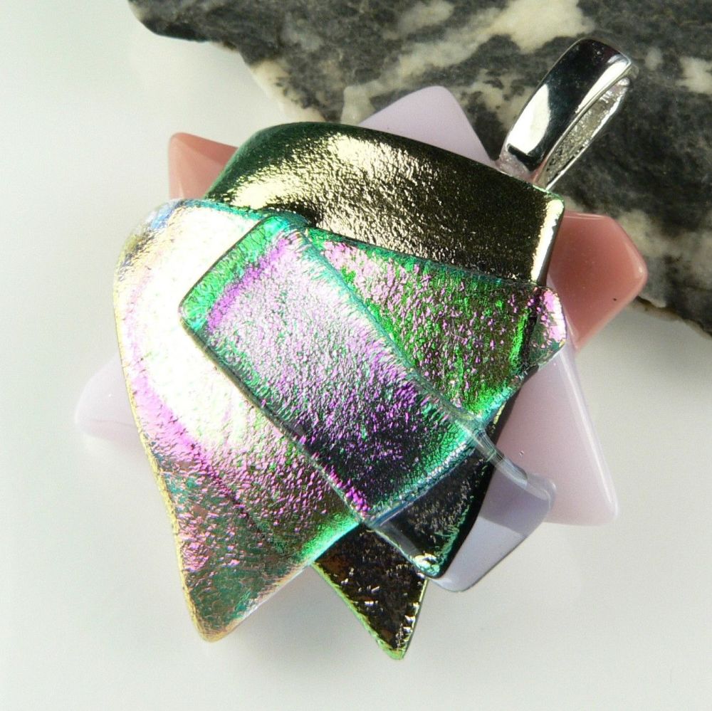 4.2cm textured, multi-coloured, genuine dichroic glass pendant, with cord