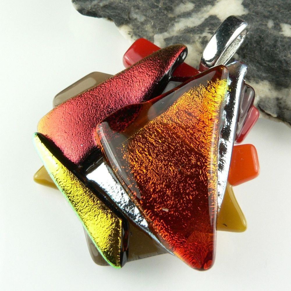 4.5cm textured, multi-coloured, genuine dichroic glass pendant, with leather cord & gift box (#30346)