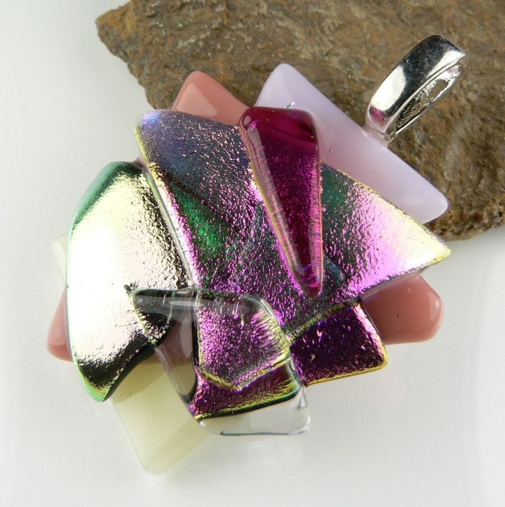 4.5cm textured, multi-coloured, genuine dichroic glass pendant, with leather cord & gift box (#30253)