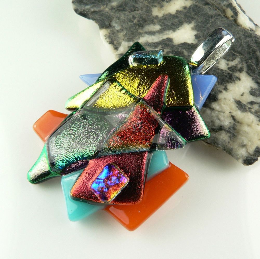 5cm textured, multi-coloured, genuine dichroic glass pendant, with leather cord & gift box (#30127)