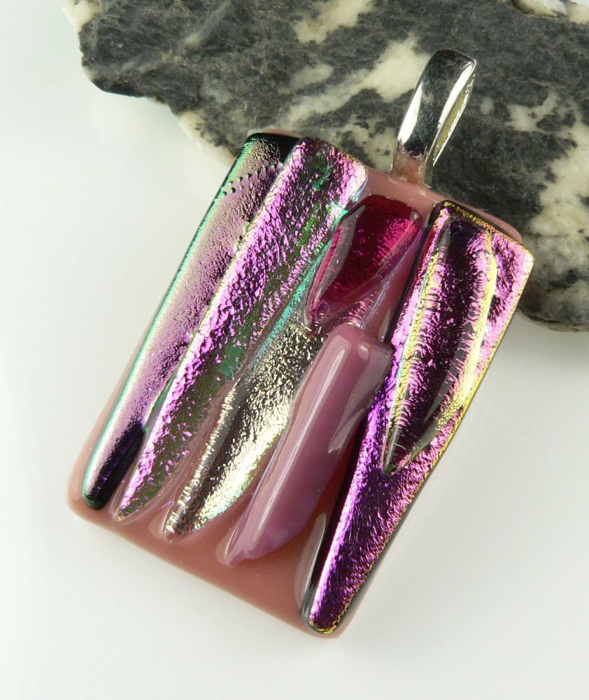 4.5cm pink textured Dichroic glass pendant, with leather cord