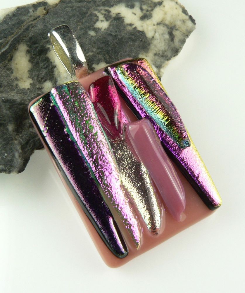 4.5cm pink textured Dichroic glass pendant, with leather cord & gift box (#30286)