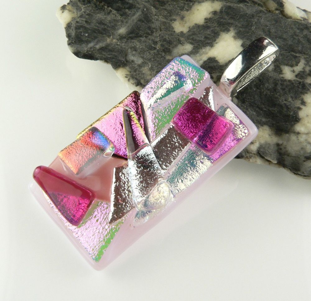 4.5cm pink textured Dichroic glass pendant, with leather cord & gift box