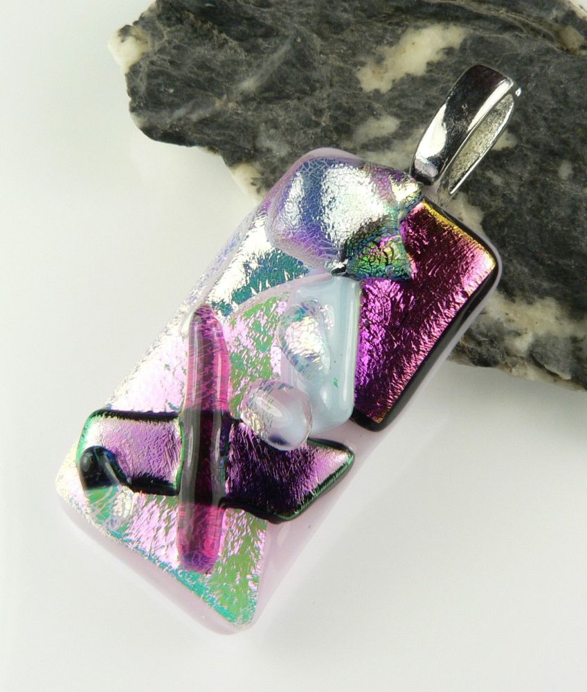 4.5cm pink textured Dichroic glass pendant, with leather cord & gift box