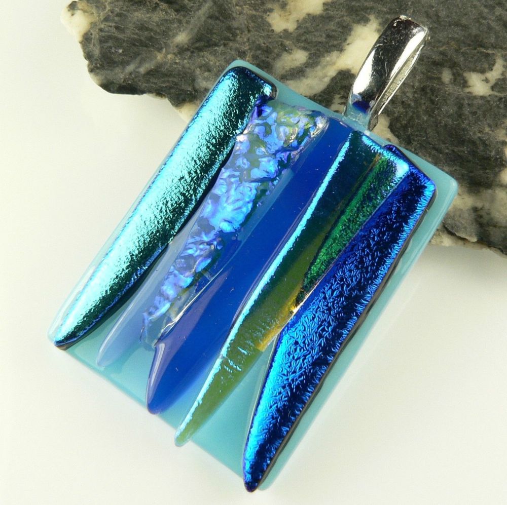 4.4cm blue textured Dichroic glass pendant, with leather cord & gift box