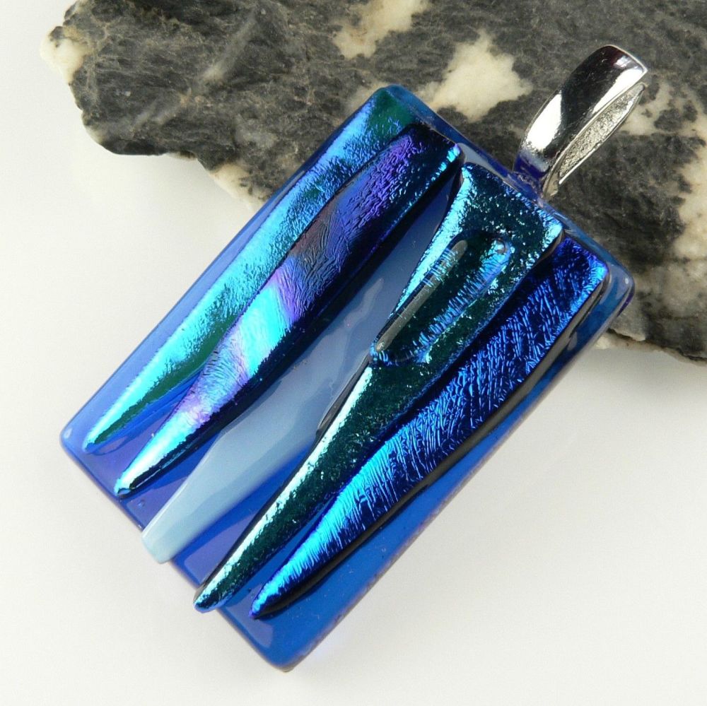 4.4cm blue textured Dichroic glass pendant, with leather cord & gift box