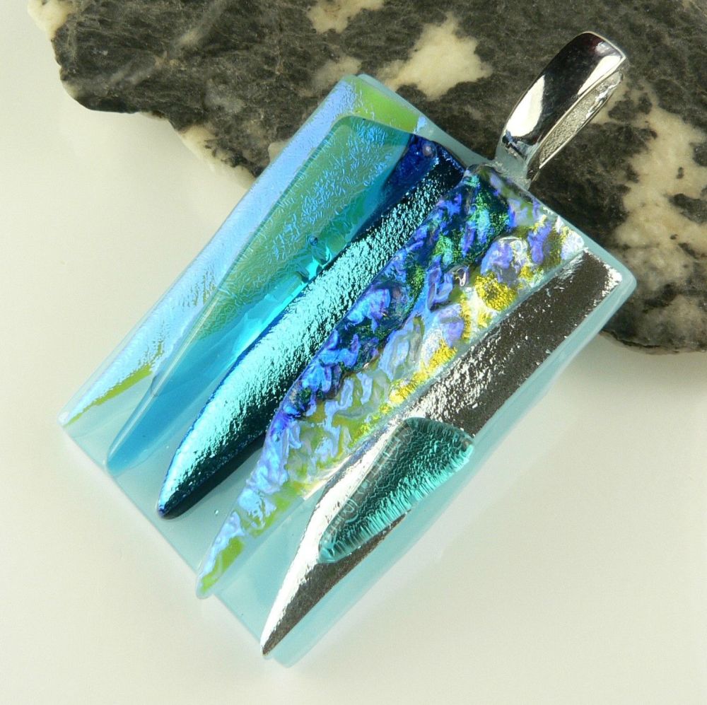 4.4cm blue textured Dichroic glass pendant, with leather cord & gift box (#30171)