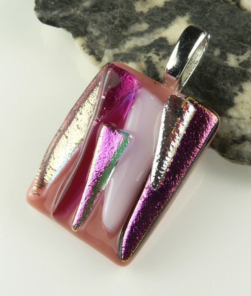 3.9cm pink textured Dichroic glass pendant, with leather cord & gift box