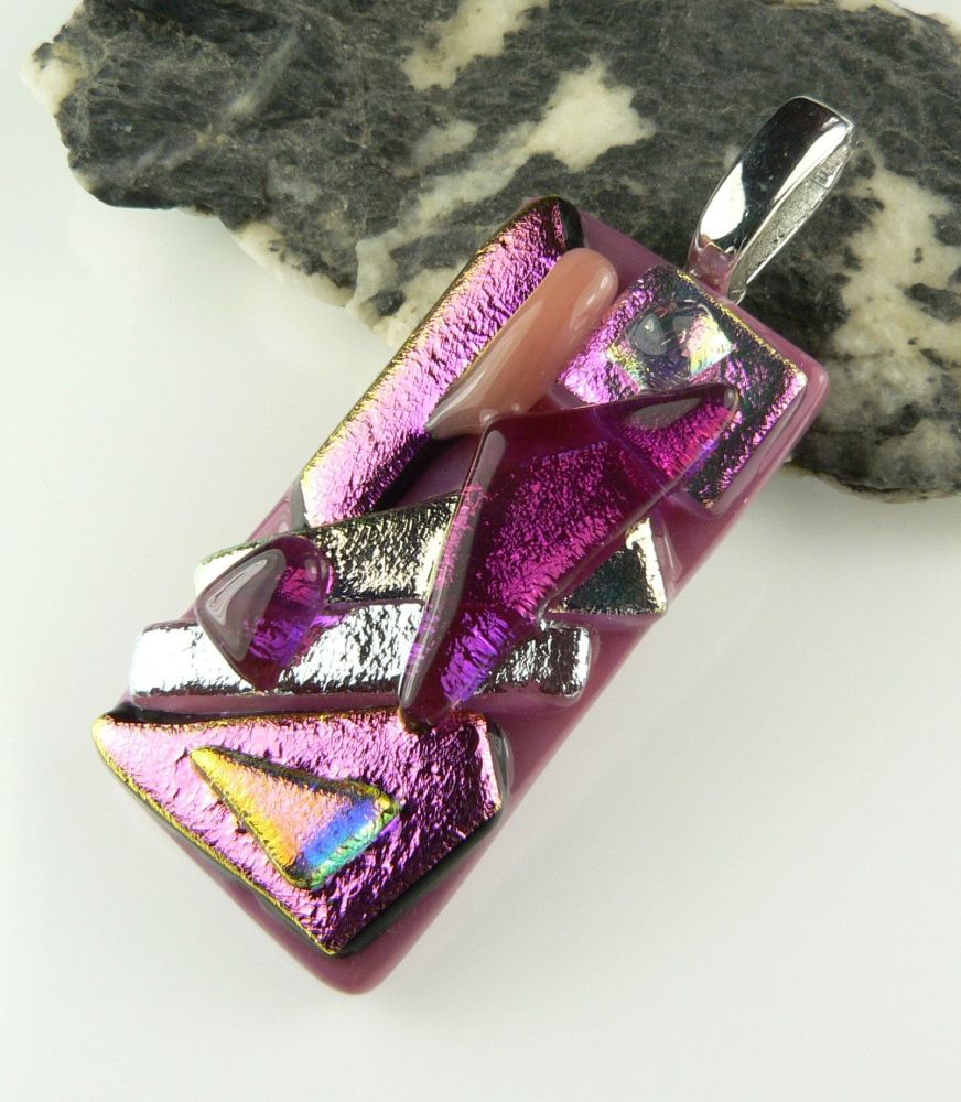 4.7cm pink textured Dichroic glass pendant, with leather cord & gift box