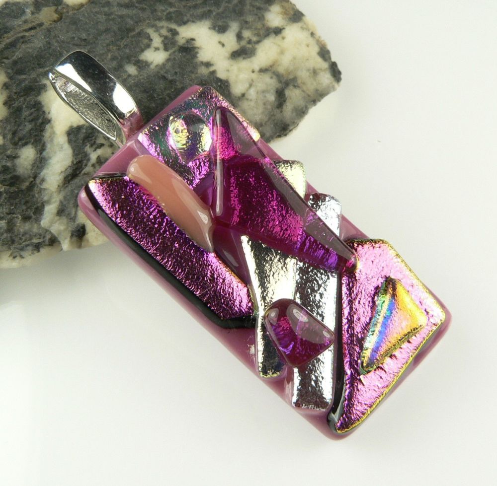 4.7cm pink textured Dichroic glass pendant, with leather cord & gift box (#30166)