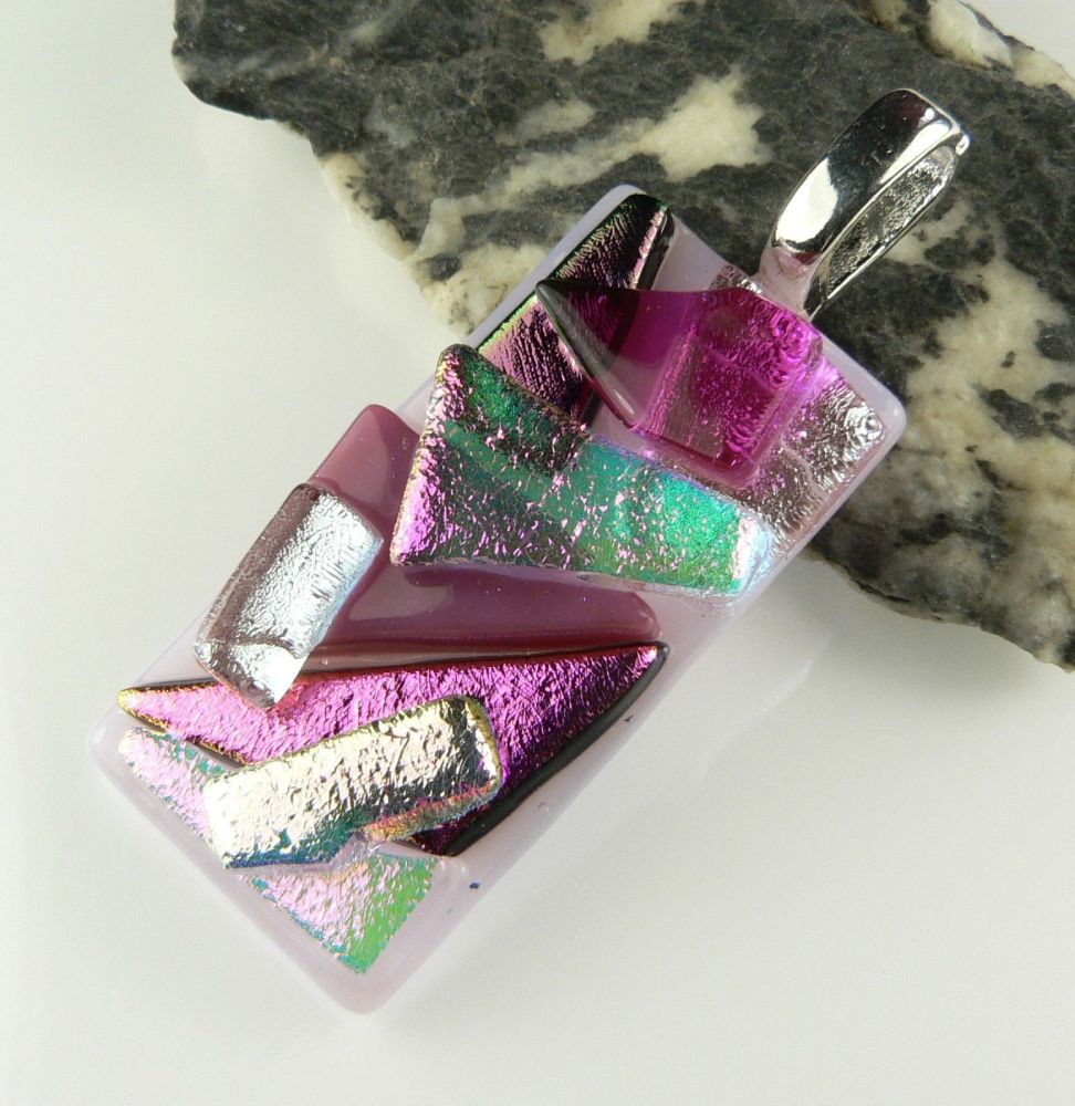 4.7cm pink textured Dichroic glass pendant, with leather cord & gift box