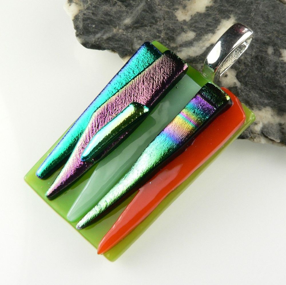 4.4cm multi-coloured textured dichroic glass pendant, with leather cord